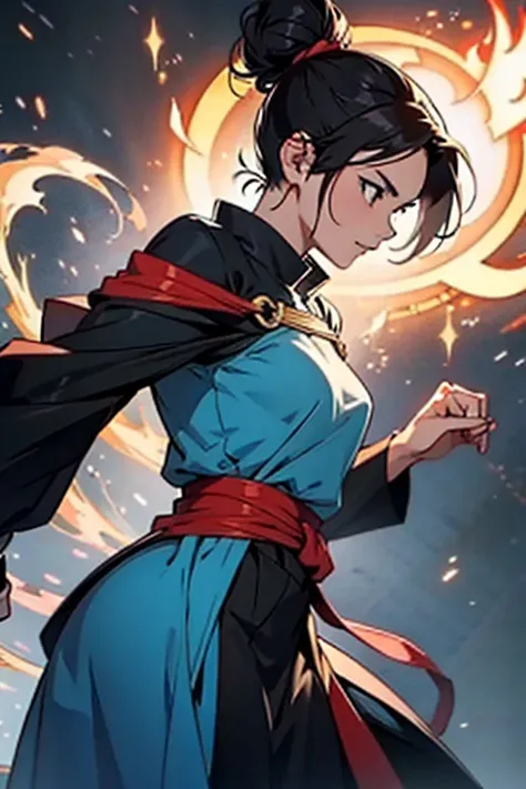 Anime girl with black hair in a bun using magic to fight, manga panels with dialogue 