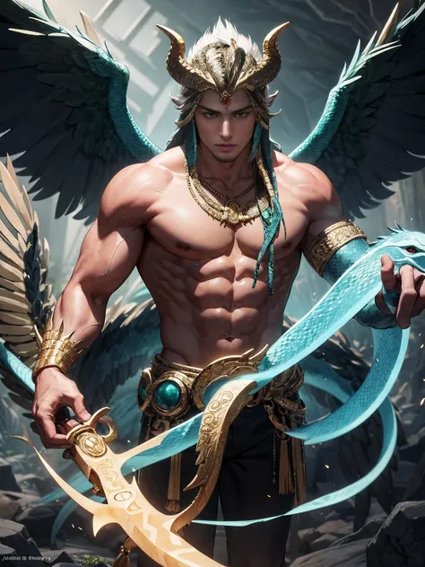 a highly detailed, ultra-realistic, 8k render of a young boy with an exotic, chiseled, mature appearance, resembling the Aztec snake god Quetzalcoatl or Kukulkan, with feathered wings, scales, and a serpentine body, surrounded by gold, lightning, and drama...