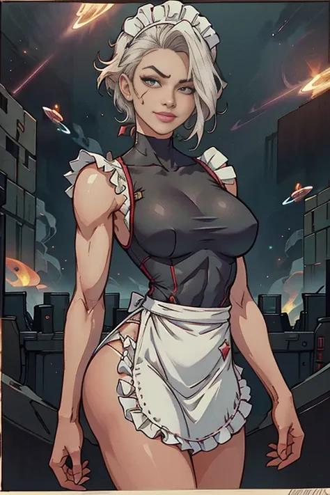 maid clothesを着た美しいサイボーグの女性兵士、short white hair、muscular、six pack abs、(maid clothes:1.8)、(white ruffled apron:1.4)、face with scars...