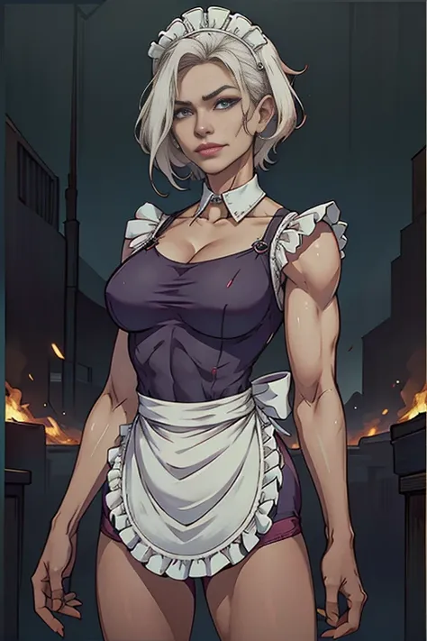 Maid clothesを着た美しいサイボーグの女性兵士、Short white hair、Muscular、Six Pack Abs、(Maid clothes:1.8)、(White ruffled apron:1.4)、Facial blemishes、Eye patch、（Engage in a gunfight with space gangsters：1.5）、Smirking expression、Dynamic configuration、detailed、Photorealistic、8k...