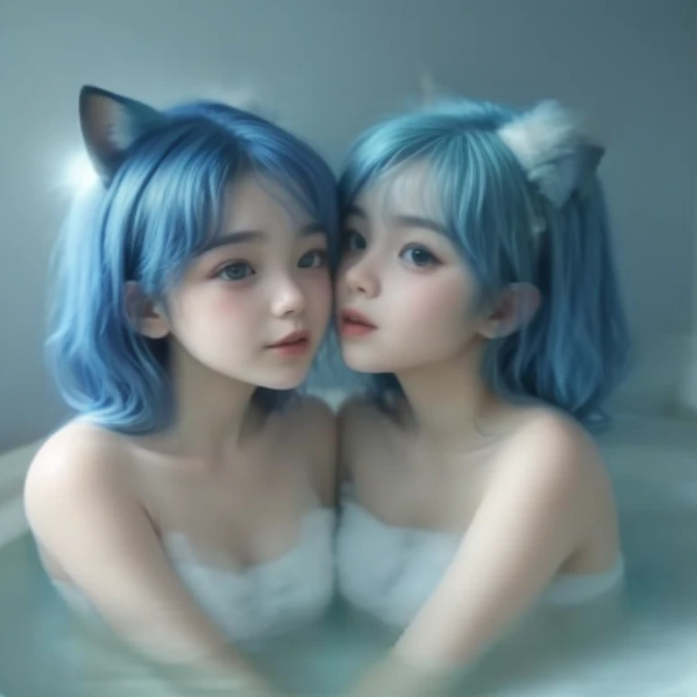 Two  fox eared kindergarden girls are taking a bath on a bathup. Their body are full of soap. They are twin. They both seven months pregnant. They are kissing each others. They wear a tiny glittering light blue tank top. They have a very long glittering li...