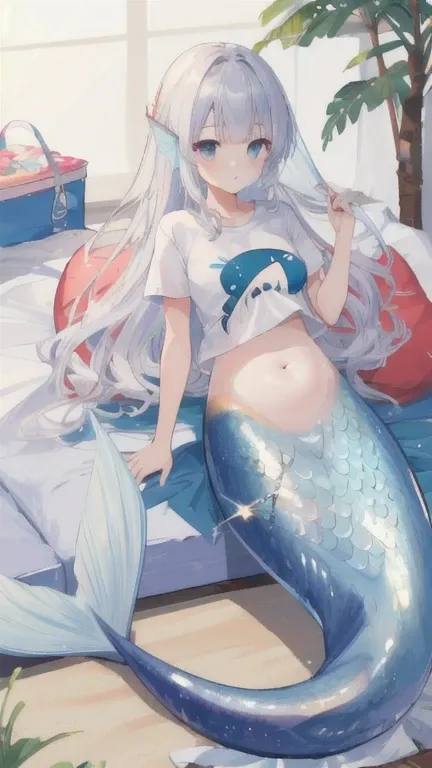 (best quality, masterpiece), 1 girl, Mermaid, It takes, sunbath, belly button t-shirt, 아름다운 소녀 perfect shark photo, perfect shark photo