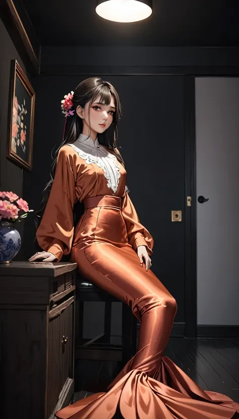 (masterpiece,highest quality,超A high resolution),Japanese women, (((Very beautiful 25 year old girl))),(Long sleeve satin blouse)、A long satin mermaid skirt、Dark Room