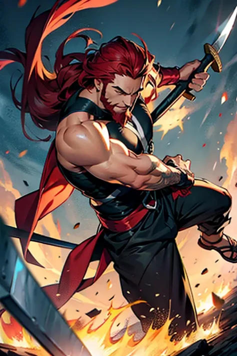 Anime guy with long red hair and a beard fighting with a axe, manga panels with dialogue 