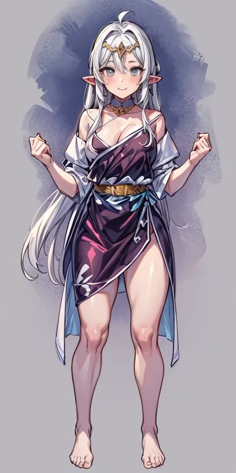 (masterpiece, best quality:1.2), intricate details, spirit blossom soraka, 1girl, purple skin, colored skin, single horn, kimono, hair ornament, bare shoulders, smile
