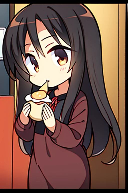 A black haired woman with brown eyes in an hourglass figure in a cute dress is eating pancake