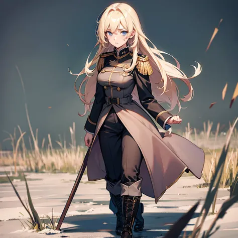 Masterpiece, one girl, blonde girl, long straight hair, messy hair, military prussian uniform, walking in a field, prominent breasts, pretty face, pink lips, plunging cheeks, black boots, dark gray uniform, mud-stained boots, slightly dirty clothes, slight...