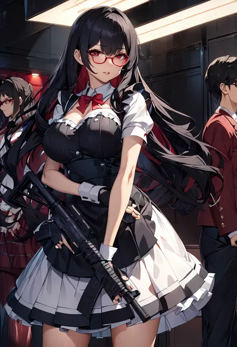 masterpiece、highest quality、Ultra-high resolution、Maximum resolution、Very detailed、Professional Lighting、anime、woman、thin、so beautiful、high school girl、Maid clothes、Equipped with an assault rifle、(((SCAR-L )))、Red Eye、Black Hair、long hair、Fingerless gloves...