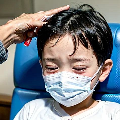 Handsome kindergarten boy with infectious disease、Appearance of suffering. He is wearing a white mask. He has a high fever. he is sleeping. He has a cough. He is exhausted. He is taking his temperature with a thermometer. He is dying. He is cooling his for...