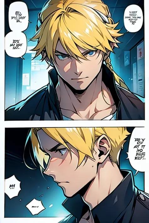 Anime guy with blonde hair, manga page with panels and dialogue 