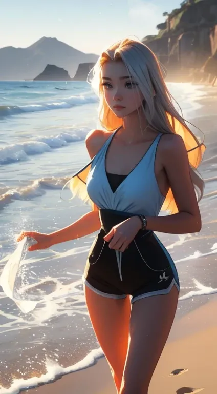 A tall handsome handsome manly young man with long straight platinum hair, blue eyes, dressed in beach shorts holds his hand and runs into the water with an incredibly beautiful young femme fatale blonde with long golden hair, blue eyes, she is wearing a b...