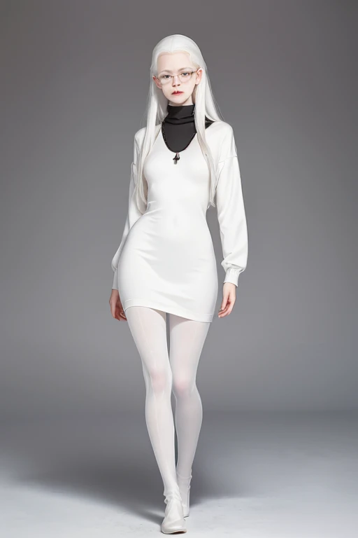 ((full body:1.4)),Cute 18 yo (albino:1.4)woman of Slavic descent.(short:1.1), , long white hair, gray eyes, ((very pale:1.4)). Innocent look. Gentle spirit.(virgin), Eyeglasses, (black turtleneck dress), necklace, (black pantyhose), black Mary Janes with s...