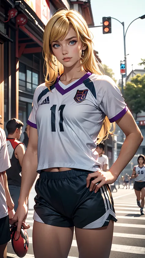 masterpiece, highest quality, One girl, alone, Teen, Quarter Japanese, Blonde, Long Hair, Purple eyes, Side-parted bangs, Short bangs, smile, Medium chest, Play sports often, Bloomers, Outdoor, Athletics, Conceit