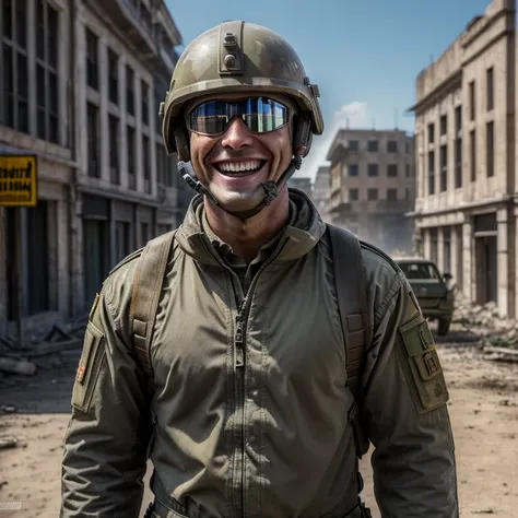 (masterpiece:1.4), (highest quality, 8k, Super detailed, Realistic), Incredible detail, Very detailed explanation, Laughing Soldier,machine gun,White and khaki clothing,In the ruined city,Helmet,Black goggles,Very sophisticated