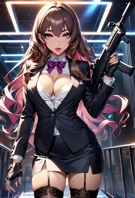 masterpiece、highest quality、Ultra-high resolution、Maximum resolution、Very detailed、Professional Lighting、anime、woman、thin、so beautiful、Sexy Suit、mini pencil skirt、Garter Stockings、High heels，Has an assault rifle、Grey Eyes、Brown Hair、long hair、Fingerless Gl...