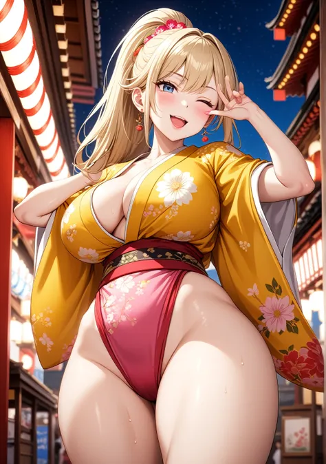 ((One woman)), Beautiful Face,Stick your tongue out,((Wink:2.0)),(peace sign),Become bright red,Sweat on the face,Glossy pink lips,night,Shrine festival stalls, ((Anime style background)),masterpiece, highest quality, so beautiful, up to date, Complex deta...