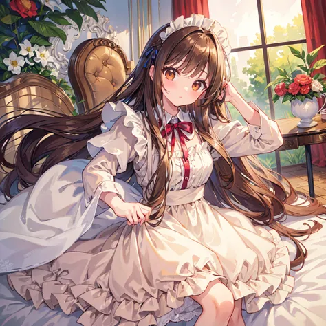 ((masterpiece)), ((highest quality)), ((super detailed)), pretty girl, brown long hair, beautiful brown eyes, maid clothes, ribb...