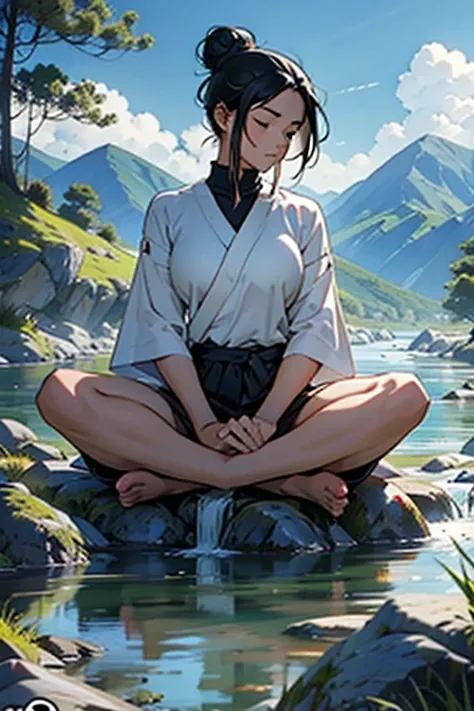 Girl with black hair in a bun meditating next to a river, manga page with panels and dialogue 