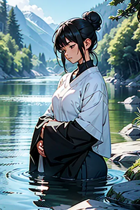 Girl with black hair in a bun meditating next to a river, manga page with panels and dialogue 