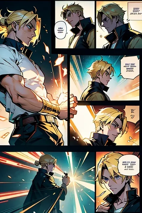 Guy with blonde hair using light magic, manga page with panels and dialogue 