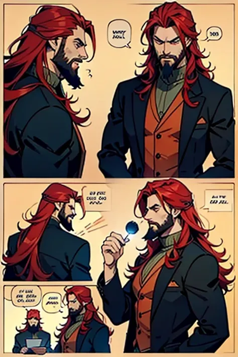 Guy with long, red hair and a beard using blunt magic, manga page with panels and dialogue 