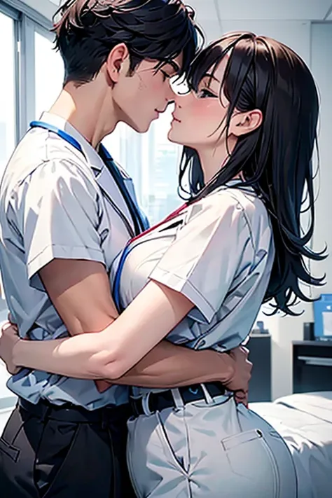 8K, highest quality, masterpiece, Ultra-high resolution, Hospital room, ((One male)), doctor, White, (Deep Kiss), (Embrace each other), (One female), Nurse uniform, Black Hair