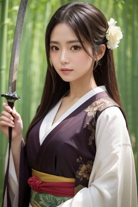 ((Holding a sword)))、(((Tears running down my cheeks)))、Beautiful Japanese Supermodel Women, Hair with subtle highlights,Long Hair、 Iris, sexy，Bamboo forest background，Gorgeous kimono （Floral）, Backlit shooting，perfect face lighting，Mixed Media,((Full Body...