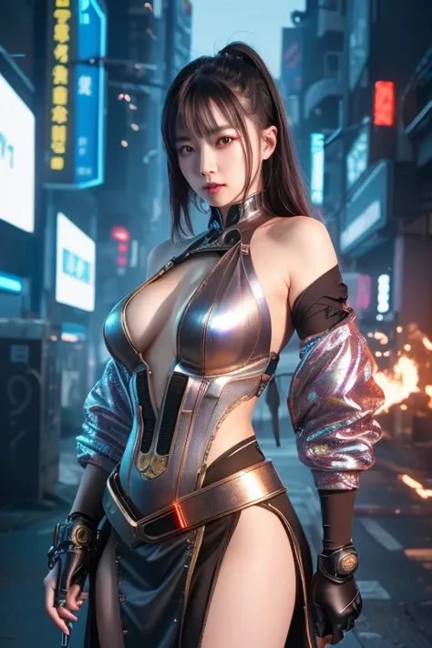 Digital Cyberpunk Art、highest quality、Ultra-high quality CG Unity 8K、holding a pistol、Cyberpunk Chinese Dress、Shiny metallic、