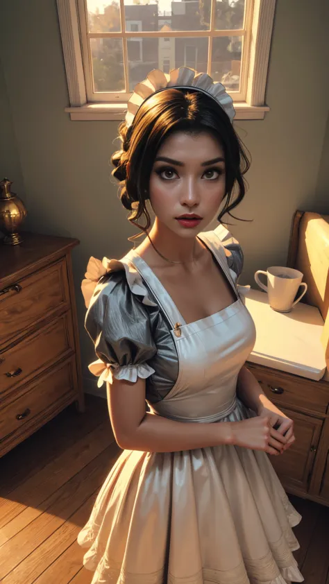 beautiful detailed maid in maid clothes, 50s style, elegant mansion interior, hyper detailed, 8k, high quality, ultra realistic,...