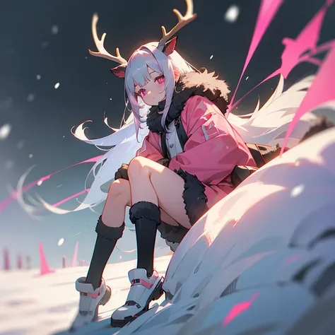 1 girl, ten years old, grey antlers, snow colored hair, pink eyes, dark grey fur, deer legs,