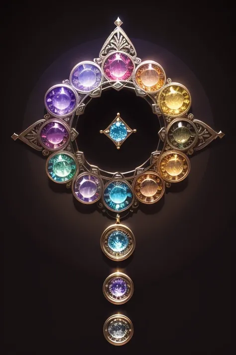 Twelve shining stones with intricate designs of different colors floating in a dark solemn background arranged in a circle