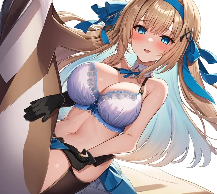 (masterpiece, best quality:1.2), 1girl, solo, blond hair, blue hairband, blue hair ribbon on the left, white-blue bra, black gloves, knight skirt, Solid color background