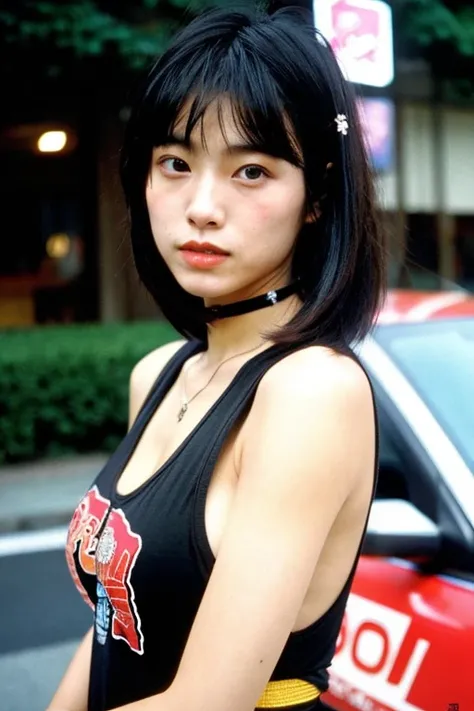 a Japanese woman, tomboy, bosozoku, Harley Davidson, 90s hairstyle 