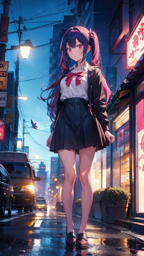 1 anime girl, alone,Black petals flutter, A mysteriously shining butterfly.city,bright pink hair,red gem eyes,long twin tails,thin legs,very clear,highest quality,all around,city,beautiful morning,Asahi,close up face,Sunny,whole body,Sad expression,Standin...