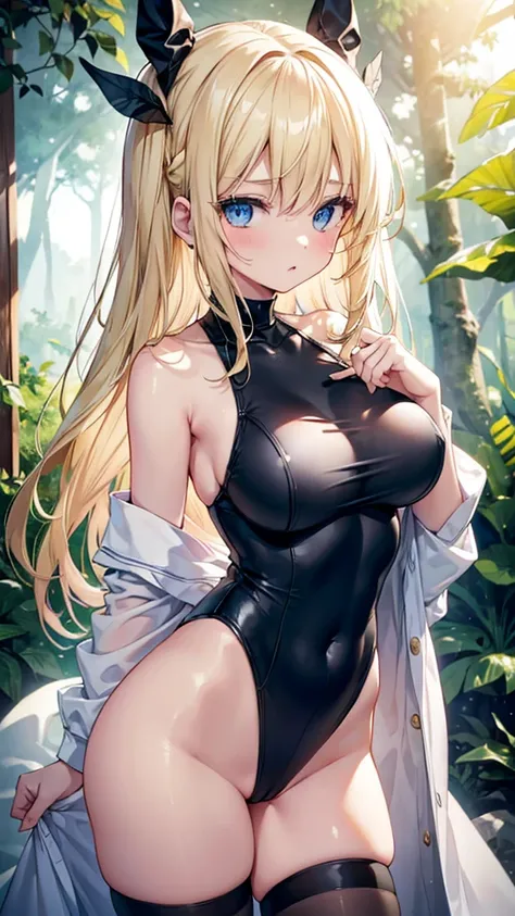 Blonde hair and blue eyes　Long Hair　Fairy　Big Breasts　naked　Wet　Black leotard　erotic　Big Breasts　beauty　cute　highest quality　Scared　in the forest　Be vigilant