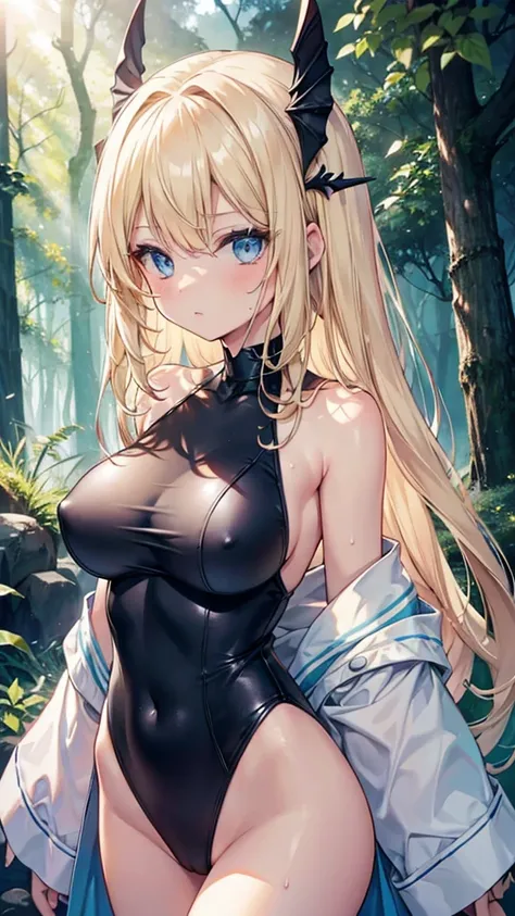 Blonde hair and blue eyes　Long Hair　Fairy　Big Breasts　naked　Wet　Black leotard　erotic　Big Breasts　beauty　cute　highest quality　Scared　in the forest　Be vigilant