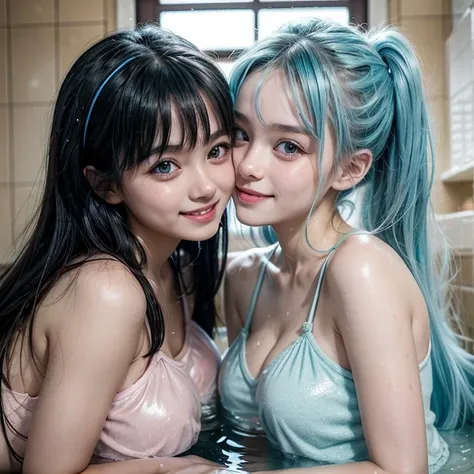 Two pregnant small chested fox eared kindergarden and elementary schoolar or  girls are taking a bath on a bathup. Their body are full of soap. They are twin. (They both seven months pregnant). They are kissing each others. They wear a tiny glittering ligh...