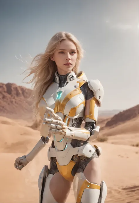 high quality, 4k, masterpiece, beautiful, cyborg girl, Cowboy shooting, Dull eyes, looking at the audience, Long blond hair, girl, Small Breasts, Slender thighs, Mechanical arm, robot body, Body, yellow accents, Intricate details, United, Detailed lines, R...