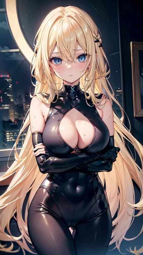 Blonde hair and blue eyes　Long Hair　Fairy　Big Breasts　Wet　Black bodysuit　erotic　Big Breasts　beauty　cute　highest quality　Scared　Vigilance　Dark Room　night　black tights　Cross your arms　Thief