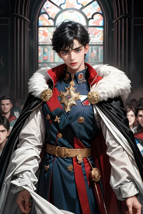 
masterpiece, 最high quality, high quality, 1 boy, alone, Male focus, Watching the audience,  Messy black hair, Adorable big blue eyes, White, Noble, Noble,Sexy Bomber Cape、A very voluminous, large, very large, very large, long, long red and black cape with...