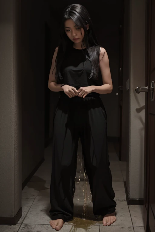 Malay Girl sees the ghost and pees her black palazzo pants until her pants are wet in fright.