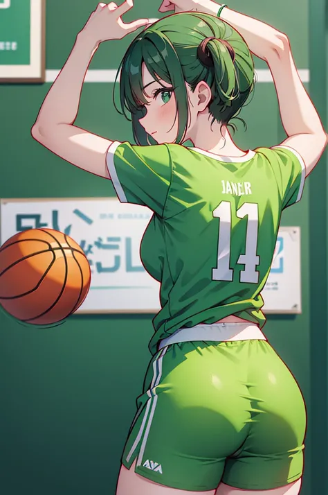 jogadora de basquete, just in a green shirt, bunda grande, showing the anus, open anus, focus on the anus.