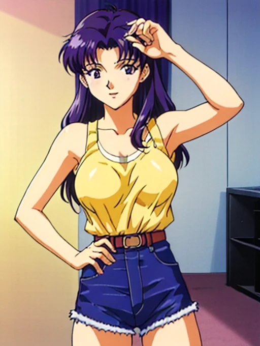 ((Katsuragi Castle_Misato in a yellow tank top)), Wearing micro shorts, take a photo in the apartment, Moderate_tits, Purple Hair, (analog quality:0.6), (Film Grain:0.8)