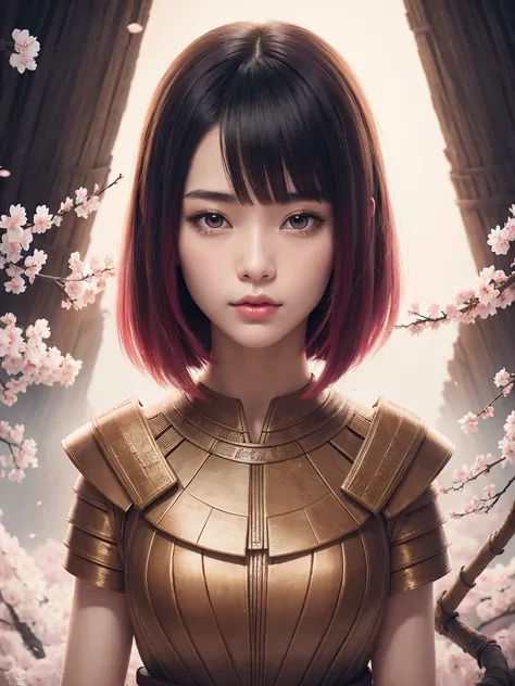 Beautiful Japan young woman, Wearing ninja armor made of papyrus, Thick symmetry features, very short hair, Background with cherry blossoms, pink halo, red lips, Octane Rendering,