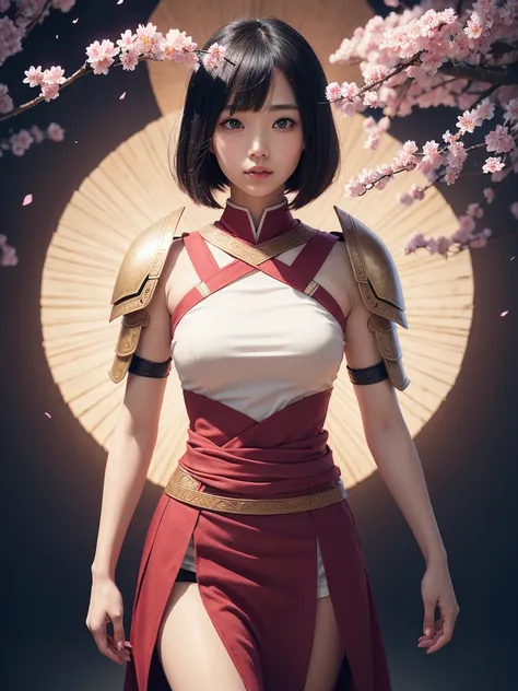 Beautiful Japan young woman, Wearing ninja armor made of papyrus, Thick symmetry features, very short hair, Background with cherry blossoms, pink halo, red lips, Octane Rendering,