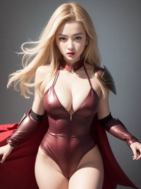 Beautiful face woman、Blonde、White background、 Beautiful woman、18 years old、Beautiful woman、Surreal photography、High-resolution photos、Red Lipstick Andalo Style Metal Armor Skirt Suit、Not much skin exposed、University Teachers&#39;Don&#39;t cut your head off...