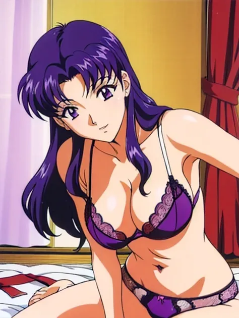 ((Katsuragi Castle_Misato)), Wearing lace panties:1.3, take a photo in the apartment, Moderate_tits, Purple Hair, (analog quality:0.6), (Film Grain:0.8),