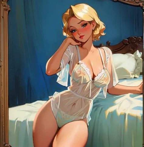 A Gil Elvgren pin-up style painting of a beautiful blonde woman in a see through babydoll, on a bed