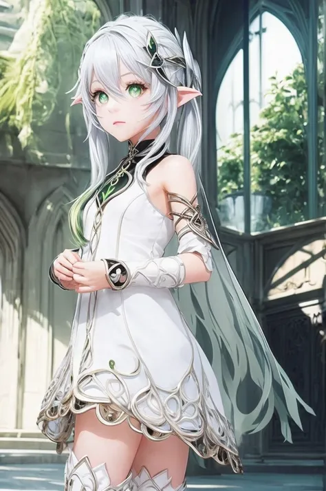 1 girl, silver hair, green eyes, symbol-shaped pupils, pointy ears, white dress, fingerless legwear, ass,