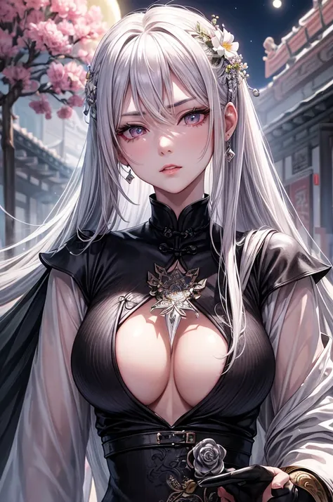 masterpiece, the best, night, Full Moon, 1 female, Mature woman, Chinese, China, elder sister, Royal sisters, Cold Face, Poker face, Silver-white hair woman, Light pink lips, calm, Intellectuals, Three belts, Gray pupil, assassin, dagger, Flower ball backg...